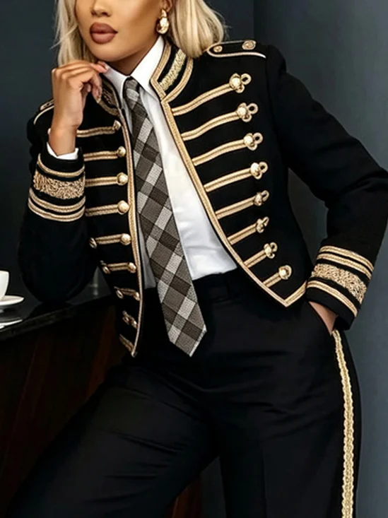 Urban Braided Strap Plain Stand Collar Jacket