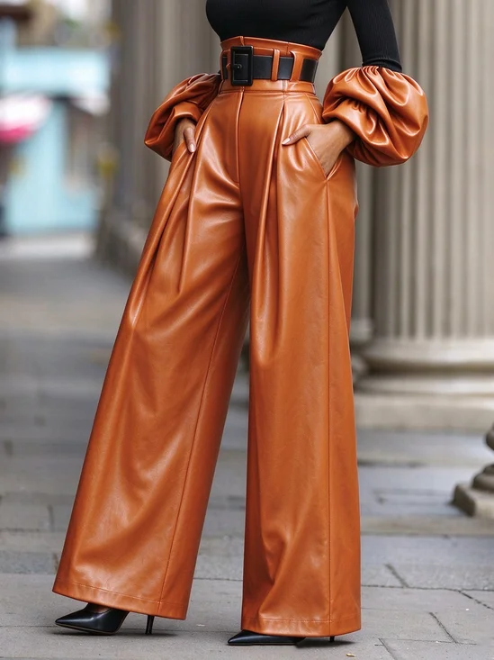 Urban Plain Straight Pants Faux Leather Pant No Belt