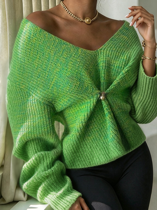 Casual Plain Buttoned V Neck Sweater