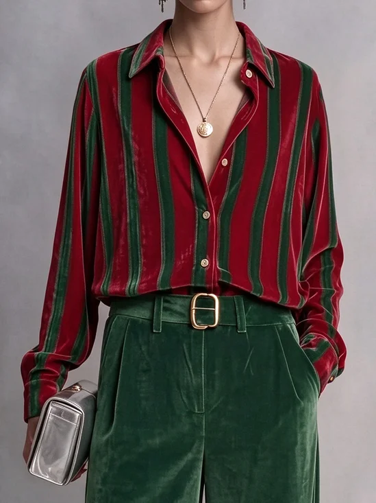 Velvet Urban Striped Printing Shirt Collar Shirt