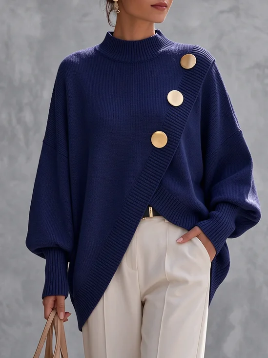 Wool/Knitting Casual Plain Metal Mock Neck Sweater