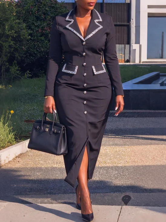 Elegant Plain Glitter Lapel Collar Maxi Dress