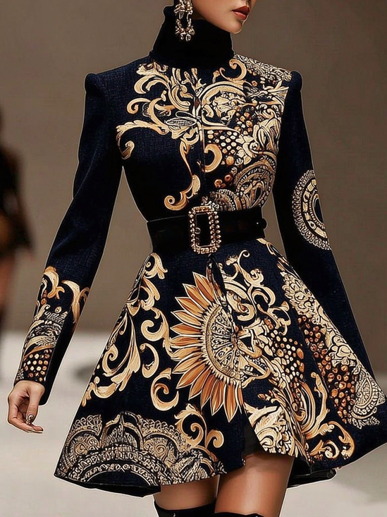 Urban 3D Printing Printing Turtleneck Mini Dress Whith Belt