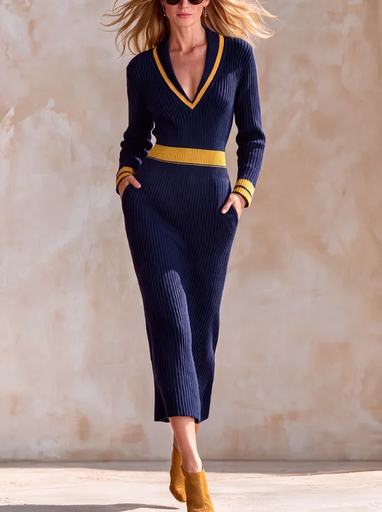 Casual Color Block V Neck Sweater Maxi Dress
