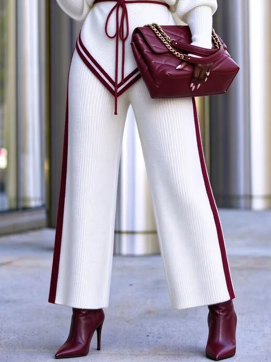 Medium Elasticity Casual Color Block Straight Sweater Pants