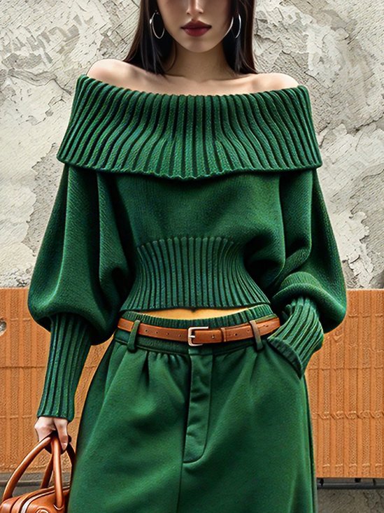 Casual Plain Cold Shoulder Sweater