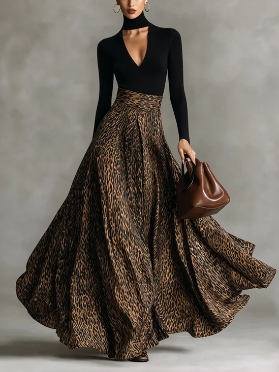 Elegant Leopard Split Joint Turtleneck Maxi Dress