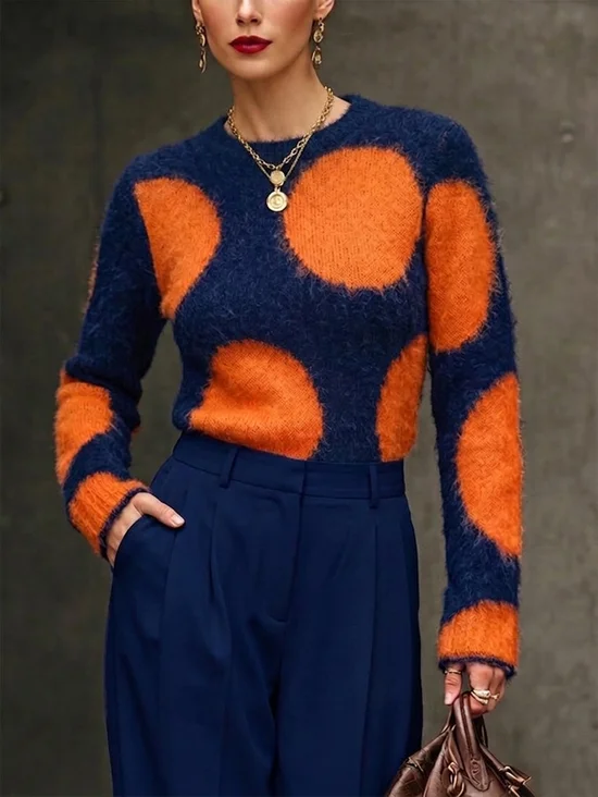 Plus Size Casual Polka Dots Crew Neck Sweater