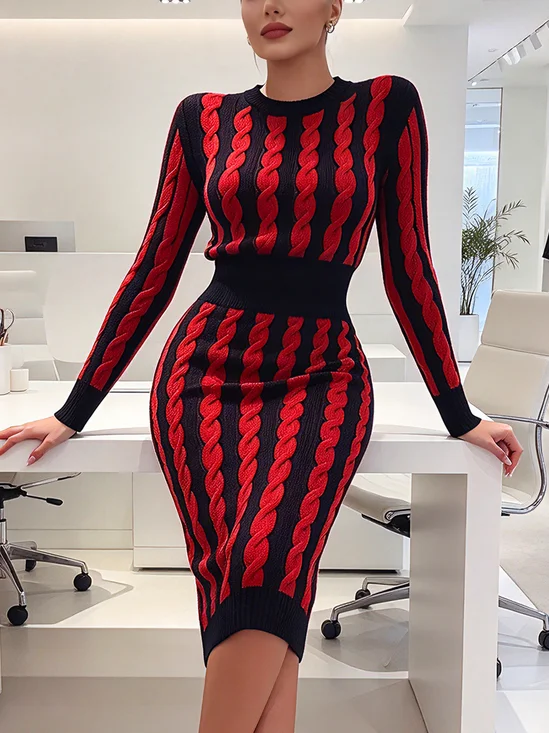 Urban Color Block Crew Neck Sweater Knee Length Dress