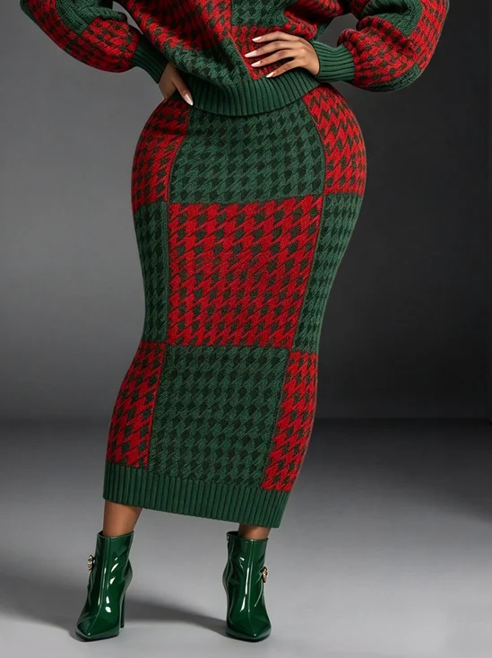 Elegant Houndstooth Sweater Midi Skirt