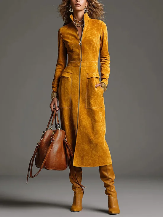 Plus Size Urban Plain Zipper Stand Collar Midi Dress