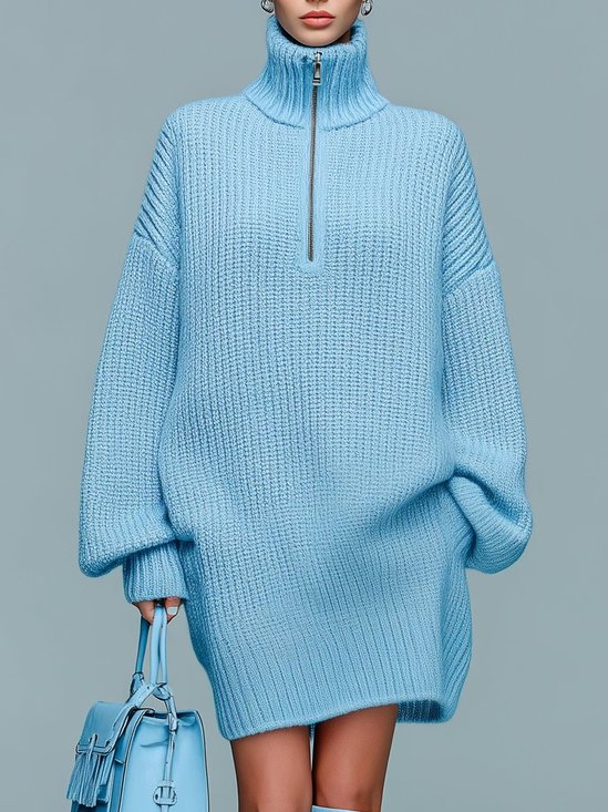 Casual Plain Zipper Turtleneck Sweater Mini Dress