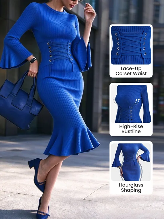 Elegant Plain Bell Sleeve Lace-up Sweater Midi Dress