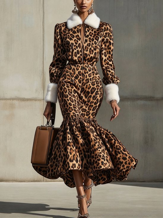 Elegant Leopard Ruched Shawl Collar Maxi Dress