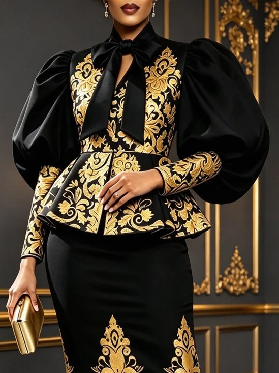 Elegant Abstract Printing Tie Neck Puff Sleeve Blouse