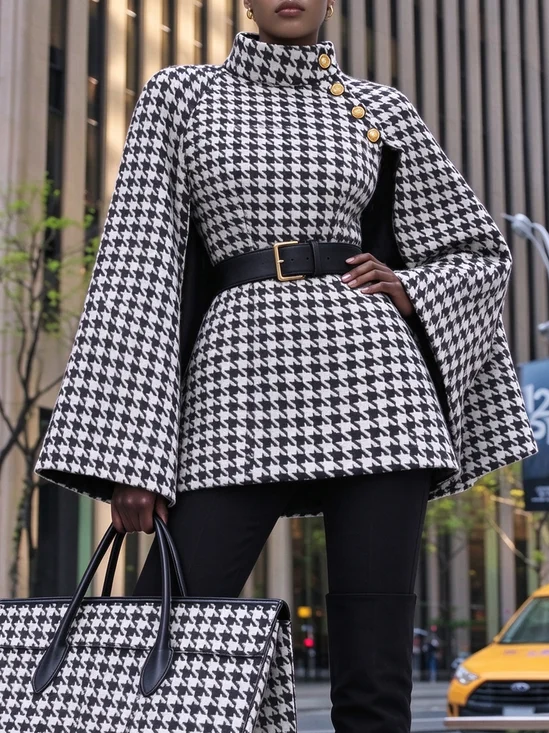 Urban Printing Houndstooth Mock Neck Coat No Belt