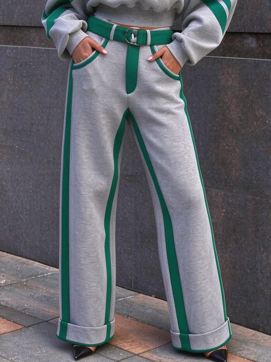 Casual Color Block Split Joint Straight Pants With Belt
