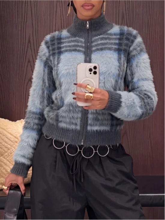 Wool/Knitting Casual Plaid Zipper Mock Neck Cardigan