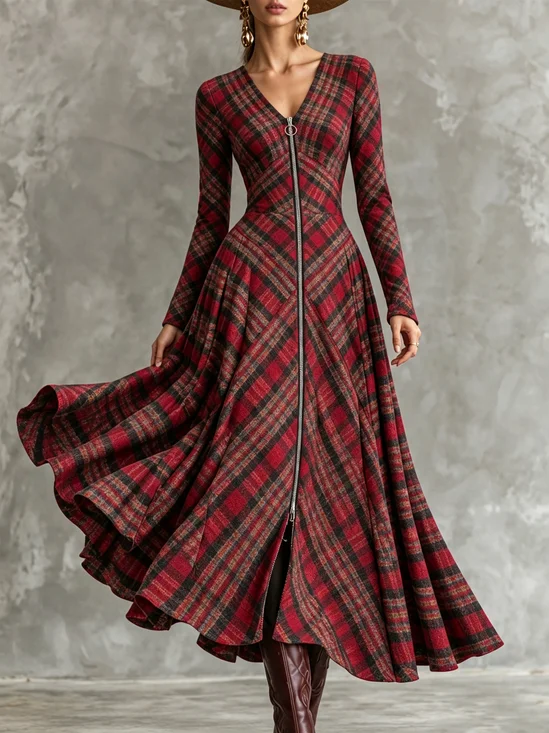 Casual Plaid Printing V Neck Maxi Dress