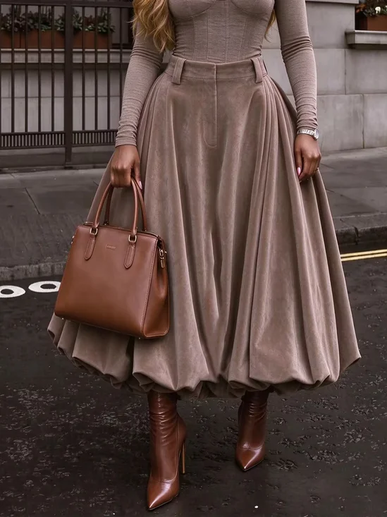 Loose Urban Ruched Plain Maxi Skirt