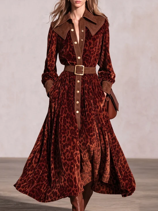 Casual Animal Print Printing Shirt Collar Maxi Dress With  No Belt