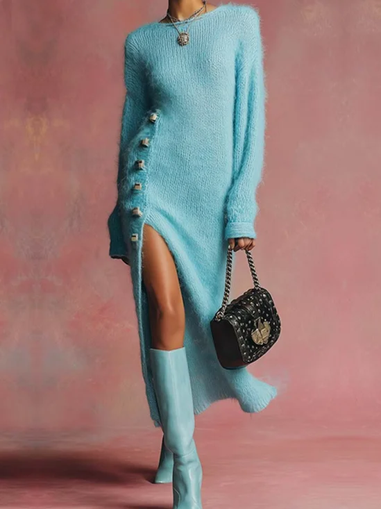 Casual Plain Side-Slit Crew Neck Maxi Sweater Dress