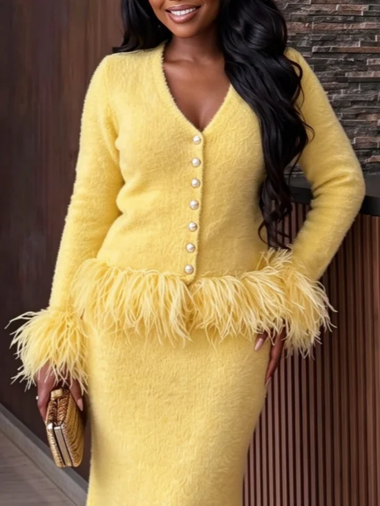 Wool/Knitting Elegant Plain Feather-trimmed V Neck Cardigan