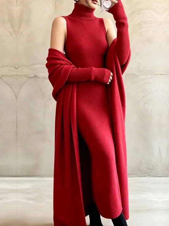 Micro-Elasticity Urban Plain Turtleneck Maxi Sweater Dress