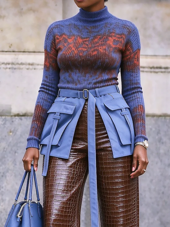High Elasticity Urban Random Print Mock Neck Sweater