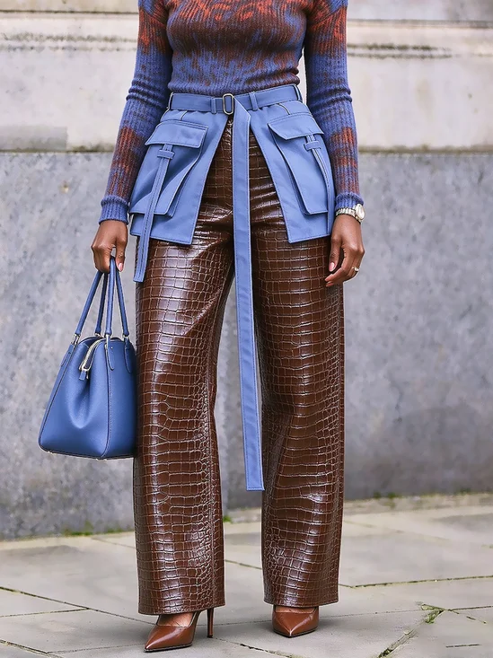 Urban Color Block Straight Pants Faux Leather Pant Lncludes Outer Layer