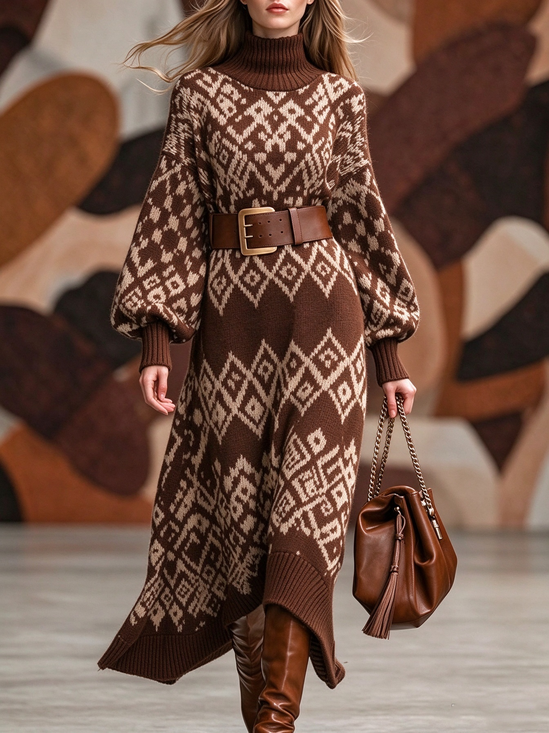 Casual Ethnic Geometry Turtleneck  Maxi  Dress  With No Belt