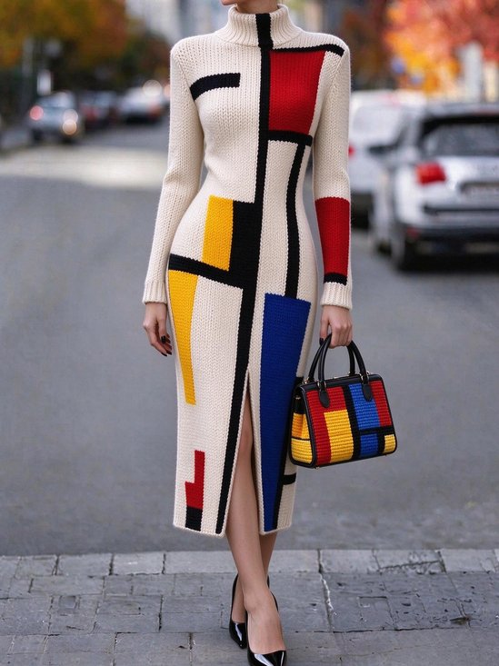 Casual Colorblock Turtleneck Sweater Midi Dress