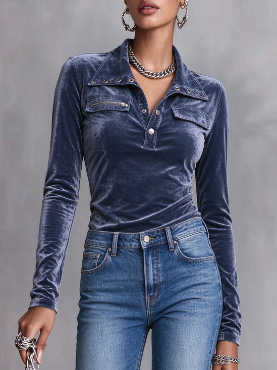 Velvet Casual Plain Buttoned Shawl Collar T-shirt