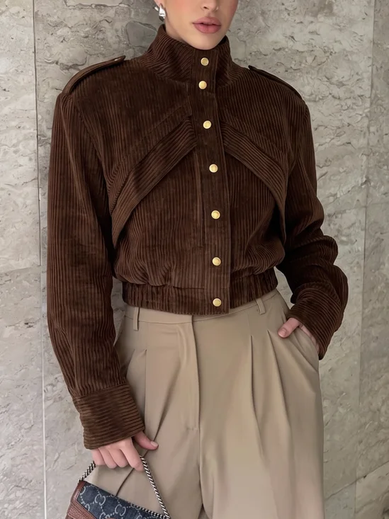Casual Metal Plain Mock Neck Jacket