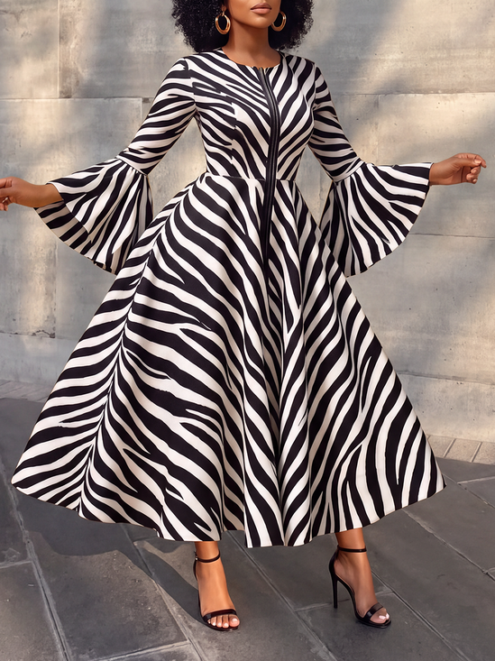 Elegant Animal Print Printing Crew Neck Maxi Dress