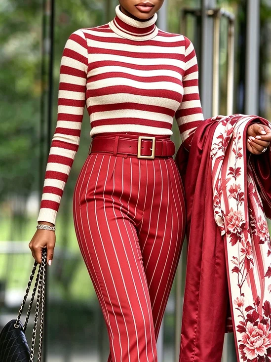 High Elasticity Urban Striped Turtleneck Sweater