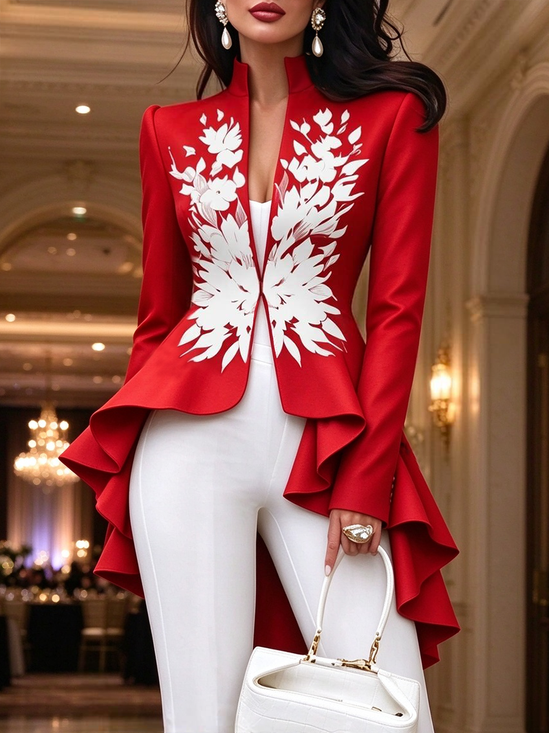 Elegant Printing Plants Stand Collar Jacket