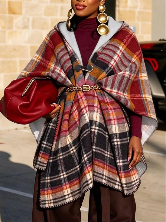 Urban Printing Plaid Hoodie Coat With Belt