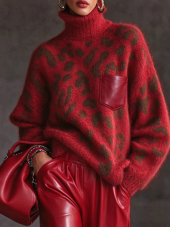 Medium Elasticity Casual Leopard Turtleneck Sweater