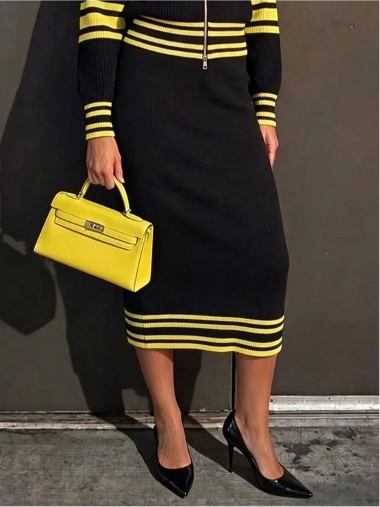 Casual Color Block Midi Sweater  Skirt