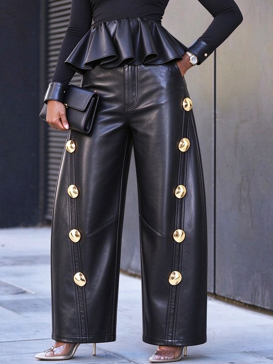Urban Plain Button Detail Straight Pants Faux Leather Pant