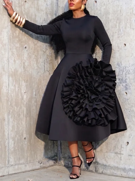 Elegant Plain 3D Floral  Midi Dress