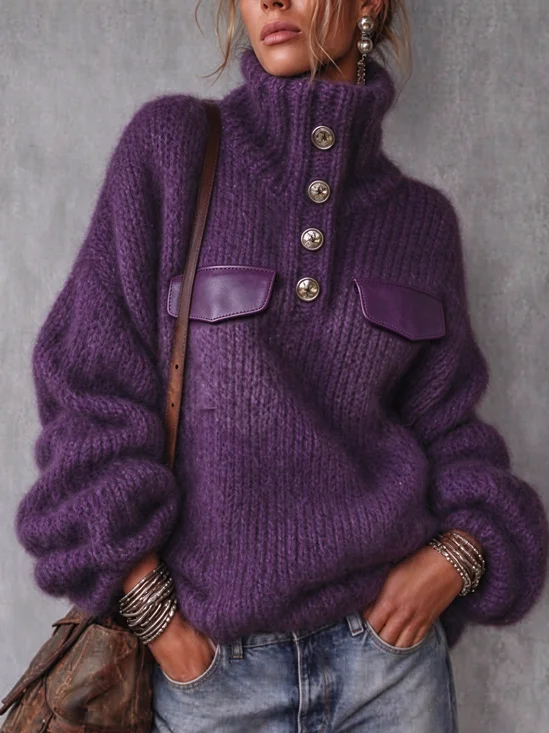 Casual Plain Split Joint Turtleneck Sweater