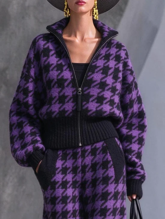 Casual Houndstooth Zipper Stand Collar Sweater Cardigan