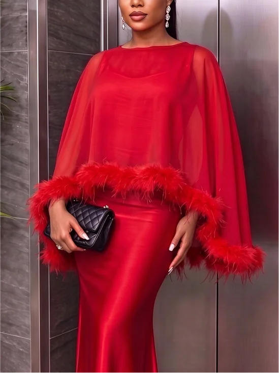 Satin Elegant Plain Feather-trimmed Crew Neck Blouse