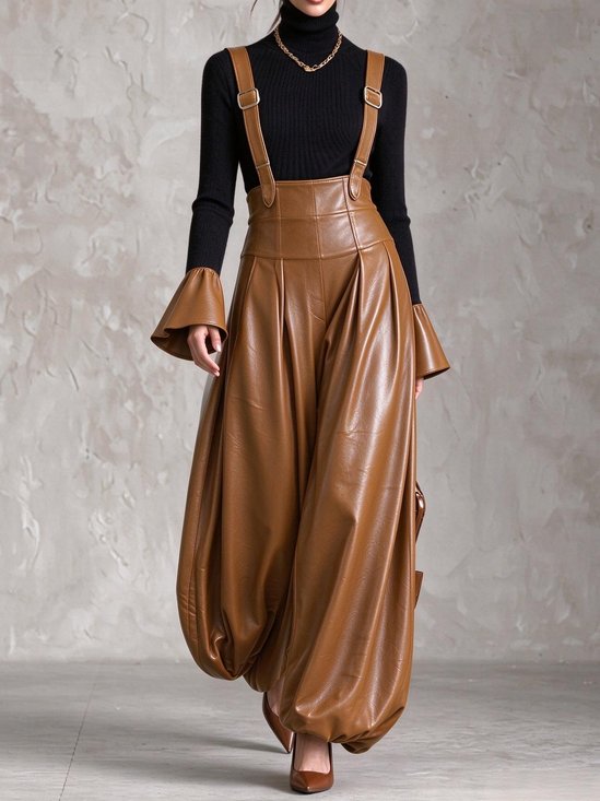 Urban Plain Spaghetti Overall Faux Leather Jumpsuit