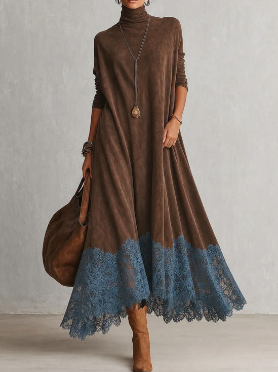 Casual Color Block Turtleneck Maxi Dress
