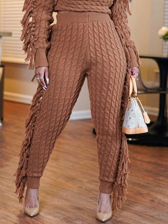 Casual Plain Tassel Sweater Ankle Banded Pants