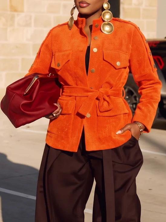 Urban Metal Plain Shawl Collar Jacket  With Belt