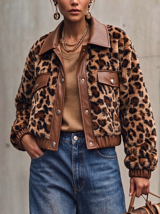 Casual Animal Print Shirt Collar Teddy Jacket
